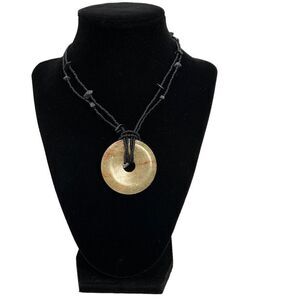 Unakite Necklace Green Tan Pink Natural Stone Donut Pendant Black Beaded Chain